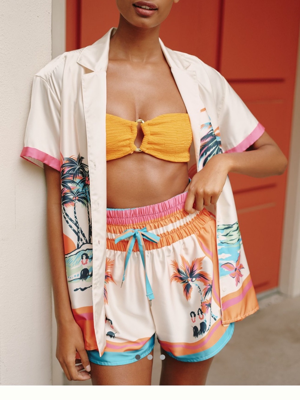 Maaji Tropical Drawstring Athletic Shorts in Cream, Pink & Turquoise